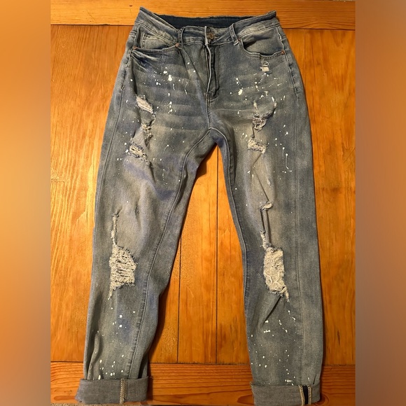 KUNMI Ripped High Waisted Boyfriend Jeans Loose Fit Distressed Stretchy Denim - Picture 1 of 7